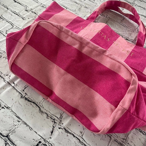 Victorias  Secret Vintage Striped Tote Beach Bag Pink Spell Out Logo - Picture 5 of 6